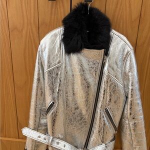 IRO Silver Shearling Leather Jacket with Black Fur Collar EU 36 US small. NWOT